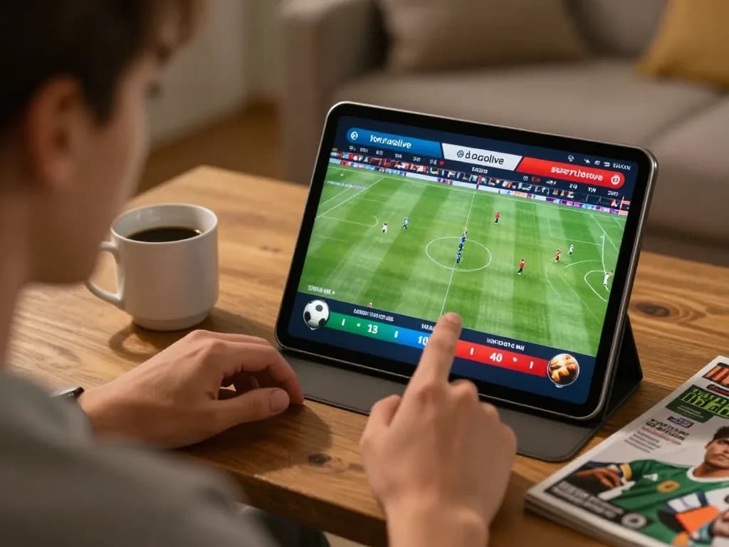 Socolive user engaging in online sports betting, tracking live football matches on a tablet in a cozy home setting.
