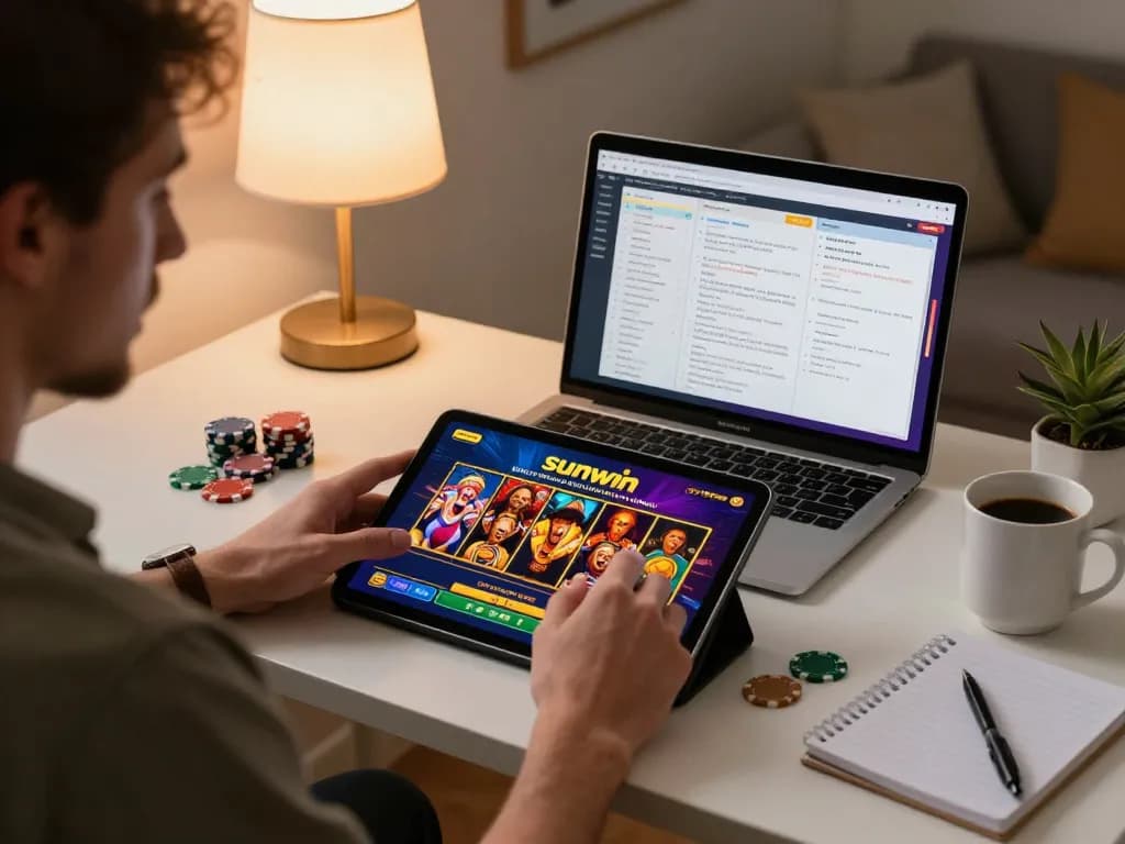 Player enjoying sunwin slots on a tablet at home, showcasing strategic gameplay and relaxed atmosphere