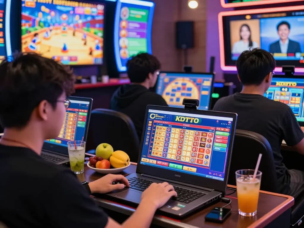 KDTOTO online gambling scene with players engaged at vibrant digital casino, highlighting Togel and Slot games.