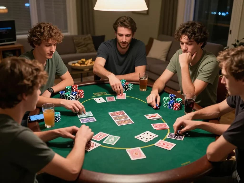 Teman-teman menikmati malam permainan poker HALOCUAN98 dengan chip dan kartu berwarna-warni