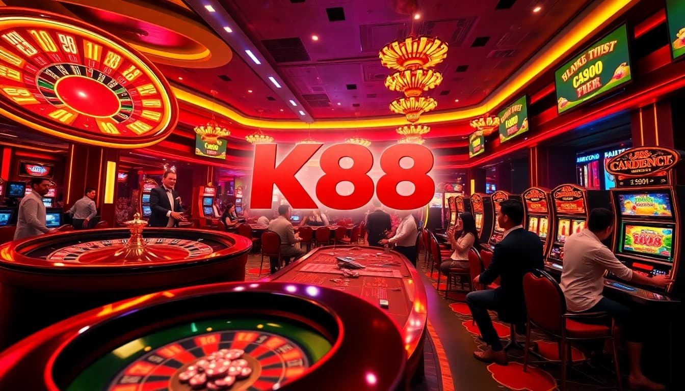 K88 logo featured in a lively casino scene with players enjoying games at a vibrant online gambling interface.