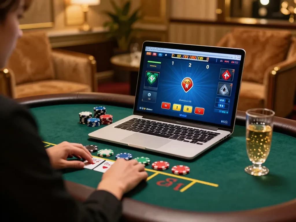 Engaging gameplay on Fokus777, a player strategizes in online blackjack at a stylish home setup.