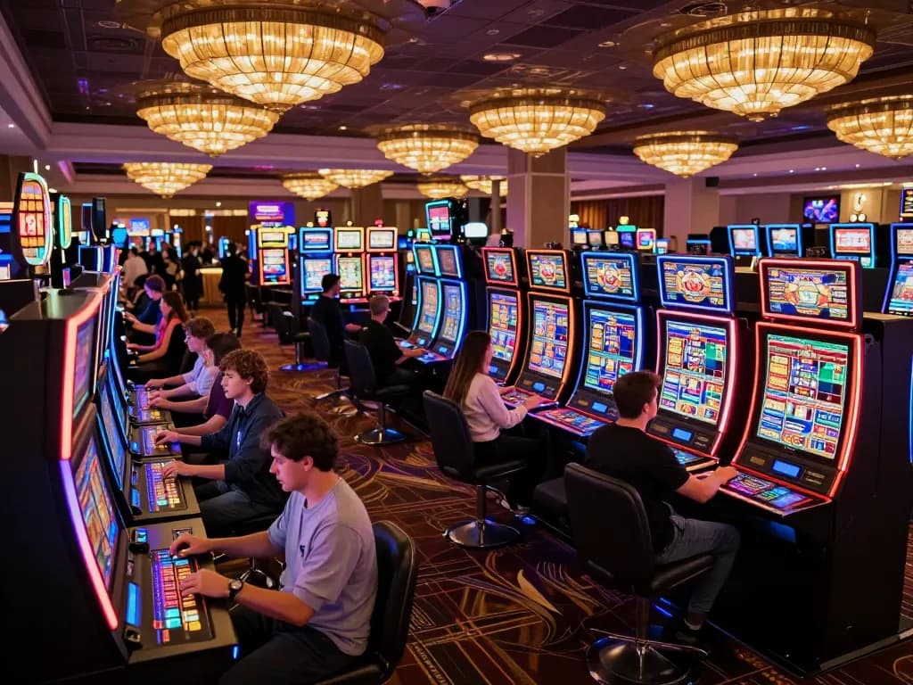 Players enjoying vibrant slot machines at a hit club casino, capturing excitement and competition.