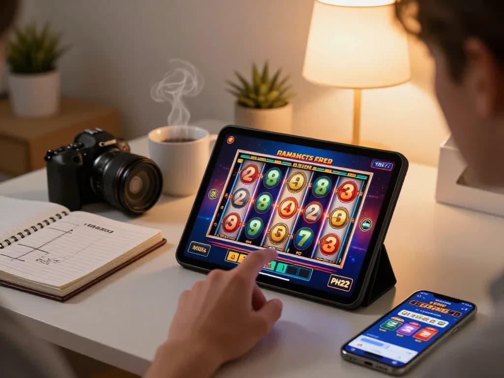 Spin the reels at PH22 casino with immersive gameplay on a tablet in a cozy home setting