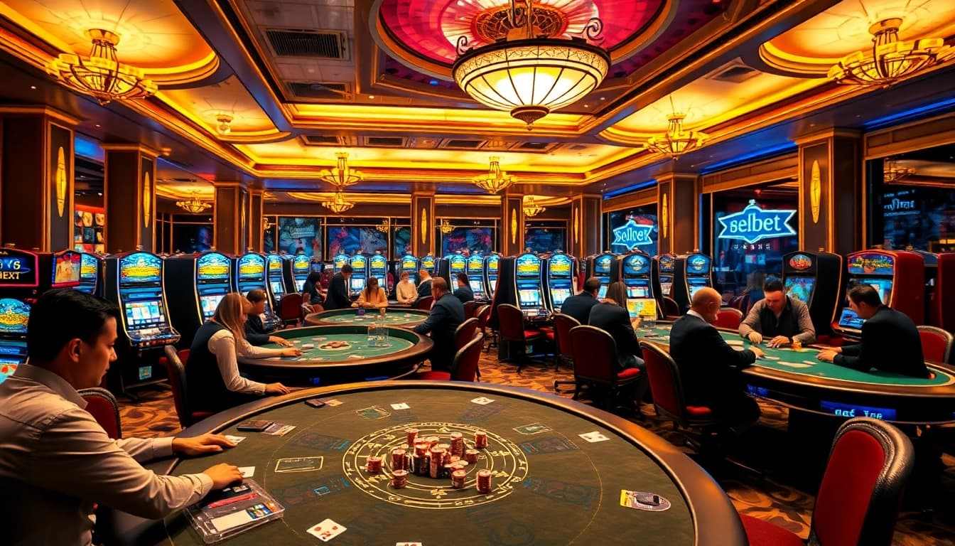 Experience the thrill of 28bet with vibrant gaming tables, slot machines, and engaged players.