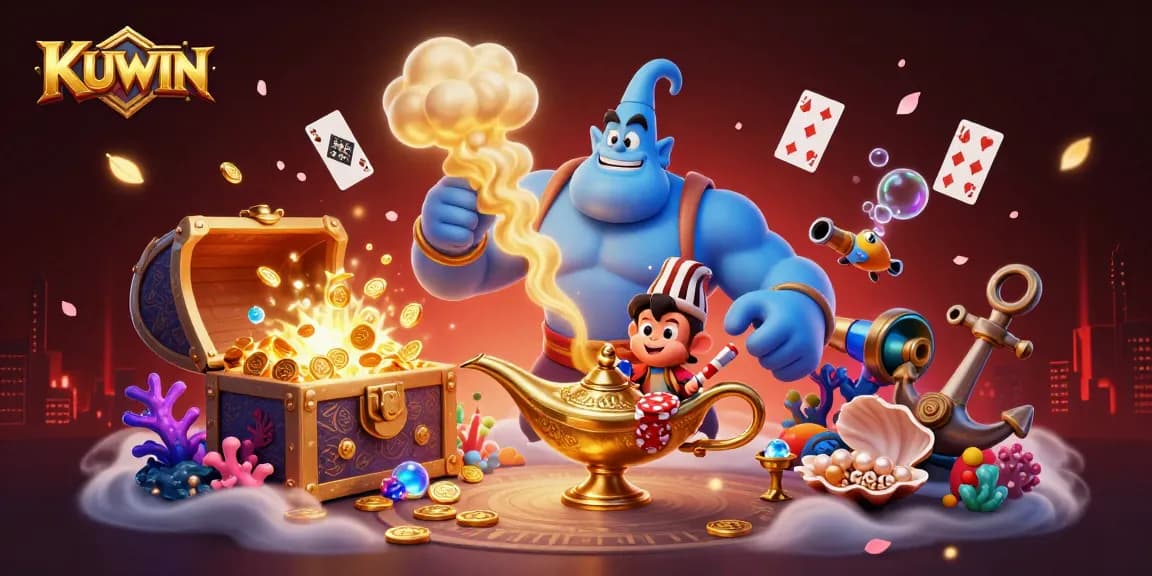 KUWIN captures excitement with a 3D genie, poker chips, and magical elements in a vibrant scene.