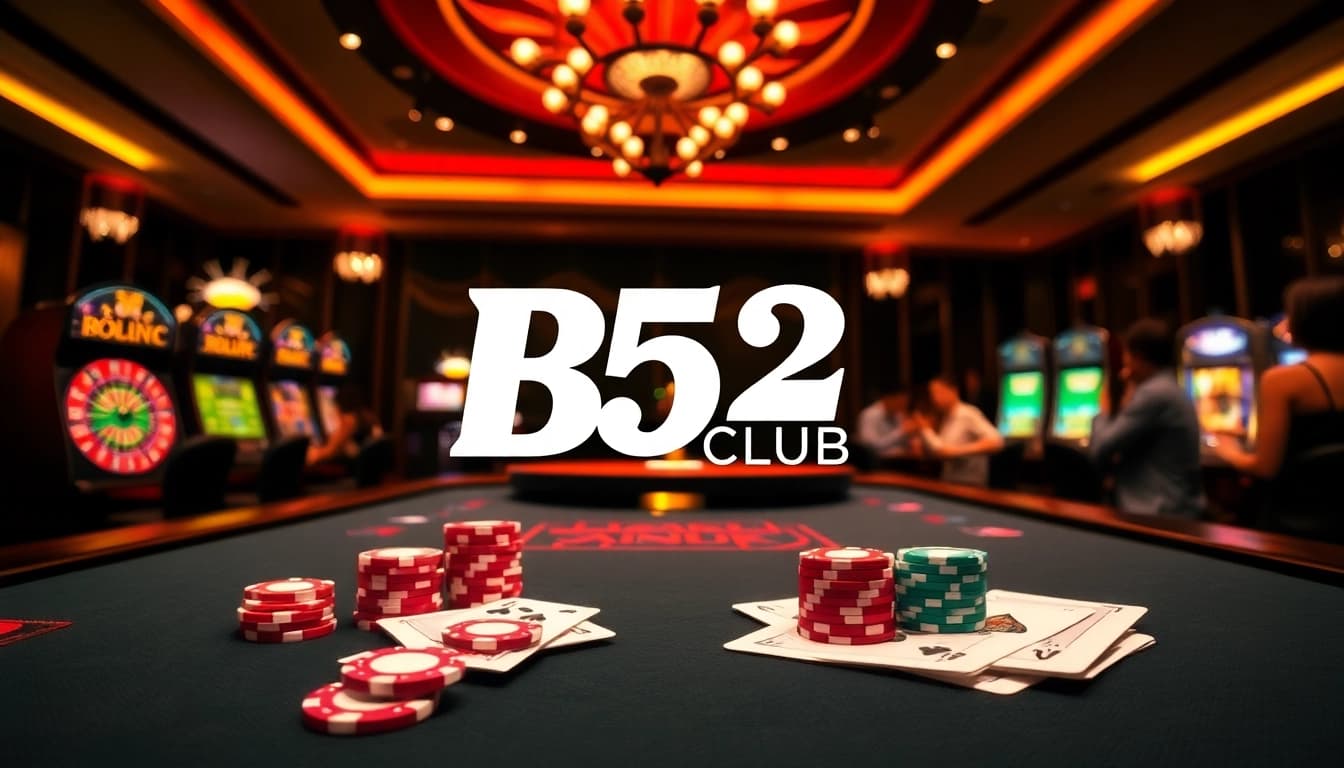 B52 Club casino table set with vibrant poker chips and cards, showcasing an exciting gambling experience