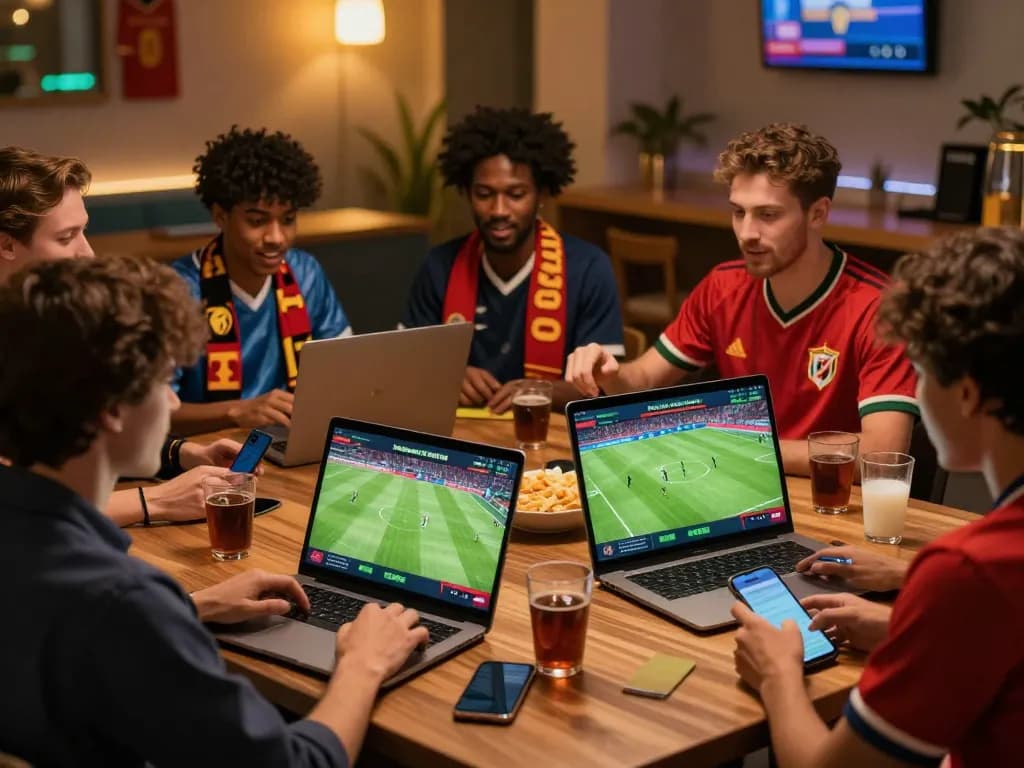 Teman-teman yang bersemangat terlibat dalam judi bola online dengan camilan dan pertandingan sepak bola.