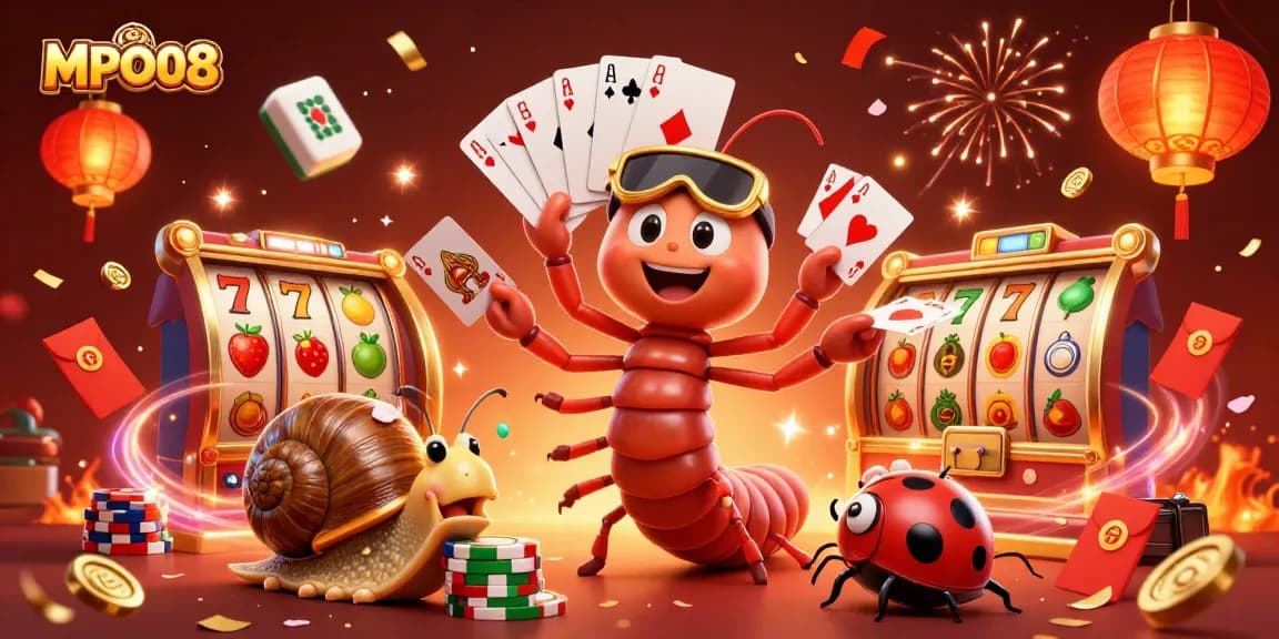 Experience dynamic gameplay with MPO08's illustrated casino excitement featuring stacked chips and vibrant slot reels.