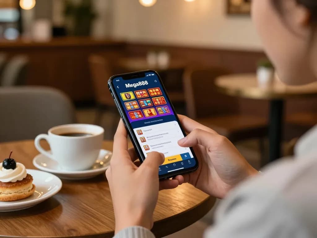 Engaged player using smartphone to download mega888 apk at cozy cafe, showcasing mobile casino gaming.