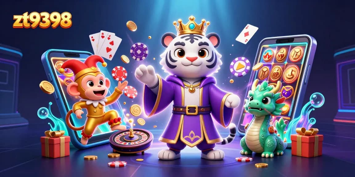 Play the exciting zt9398 slots game with a vibrant 3D scene of gambling icons and playful characters.
