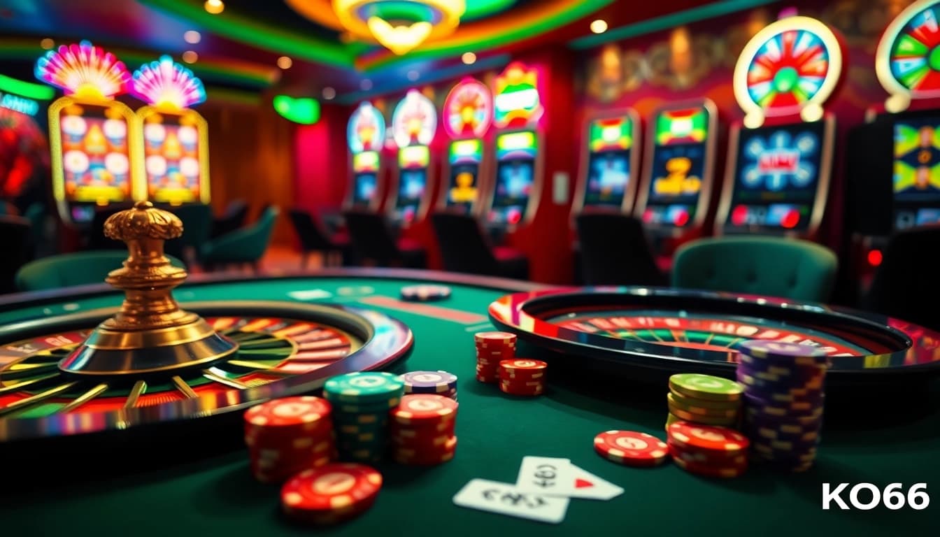 Trải nghiệm sự hào hứng tại KO66 với bàn poker sang trọng, những chip màu sắc và sự lấp lánh của casino.