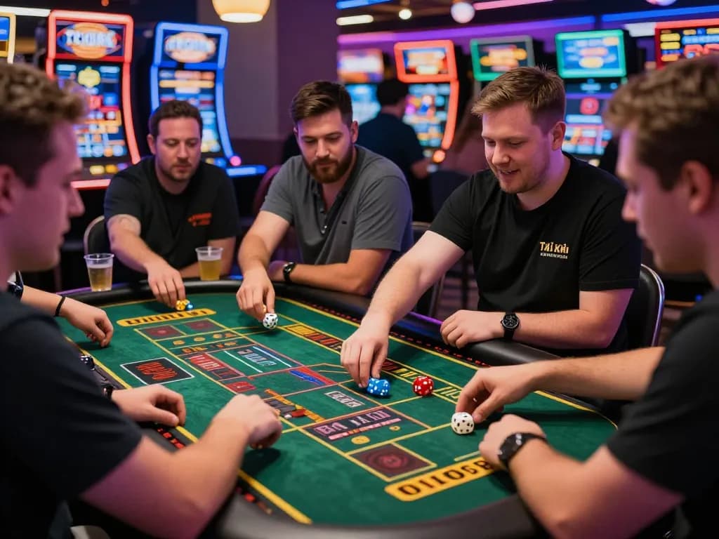 Dynamic Tài Xỉu MD5 casino scene with players placing bets and vibrant screens, showcasing excitement.