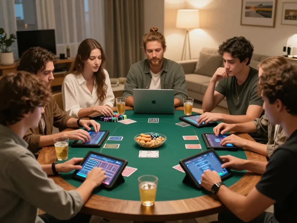 Engaging online poker gameplay with friends using kdtoto platform, modern atmosphere and strategic excitement.