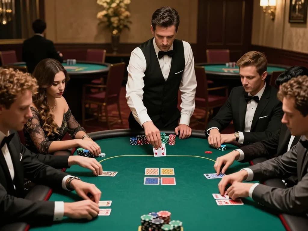 Players engaging in an intense high-stakes poker game at du88 casino, dealer dealing cards with excitement