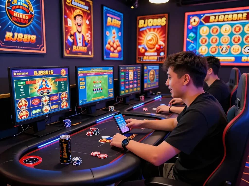 Excited player engaged with BJ888 online gambling platform showcasing modern gaming setup and vibrant atmosphere