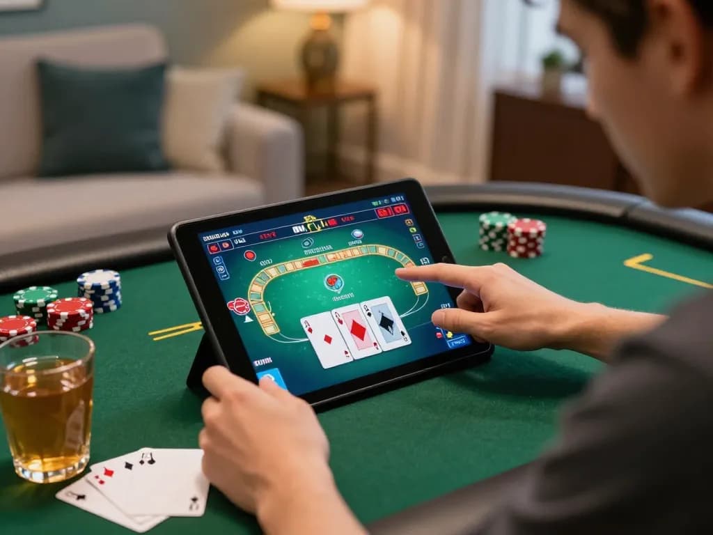 Enjoying online poker with UU88 on a tablet at home, showcasing strategy and focus
