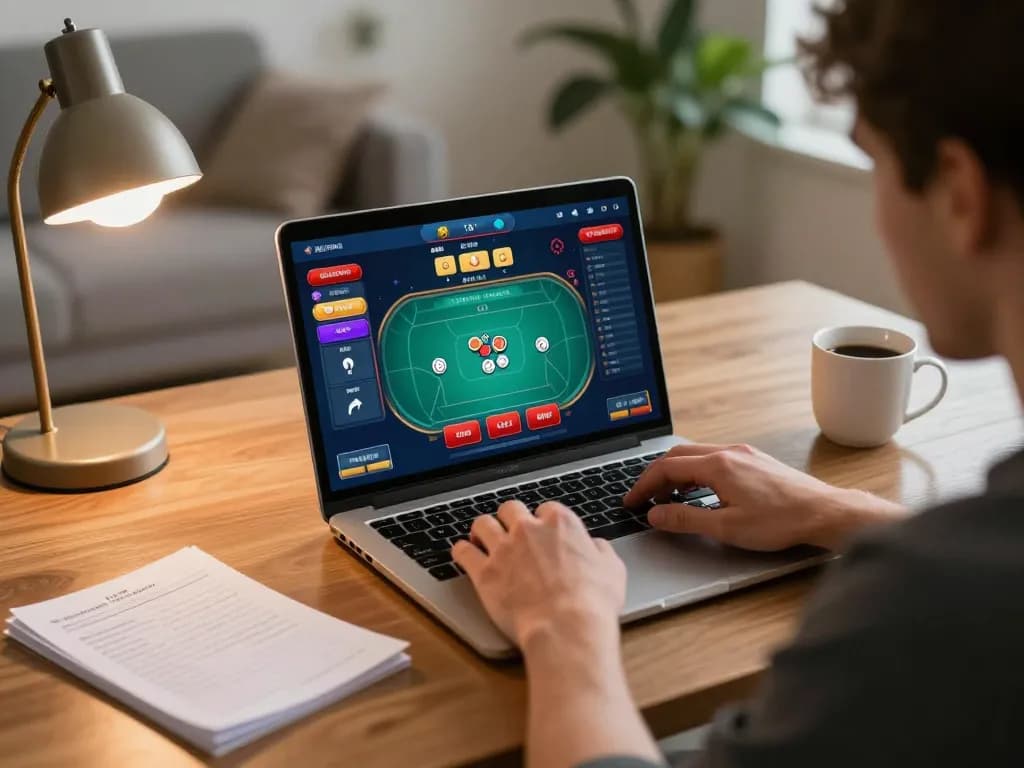 Engaging in online poker at OKFUN, showcasing gameplay strategy and a cozy home setting