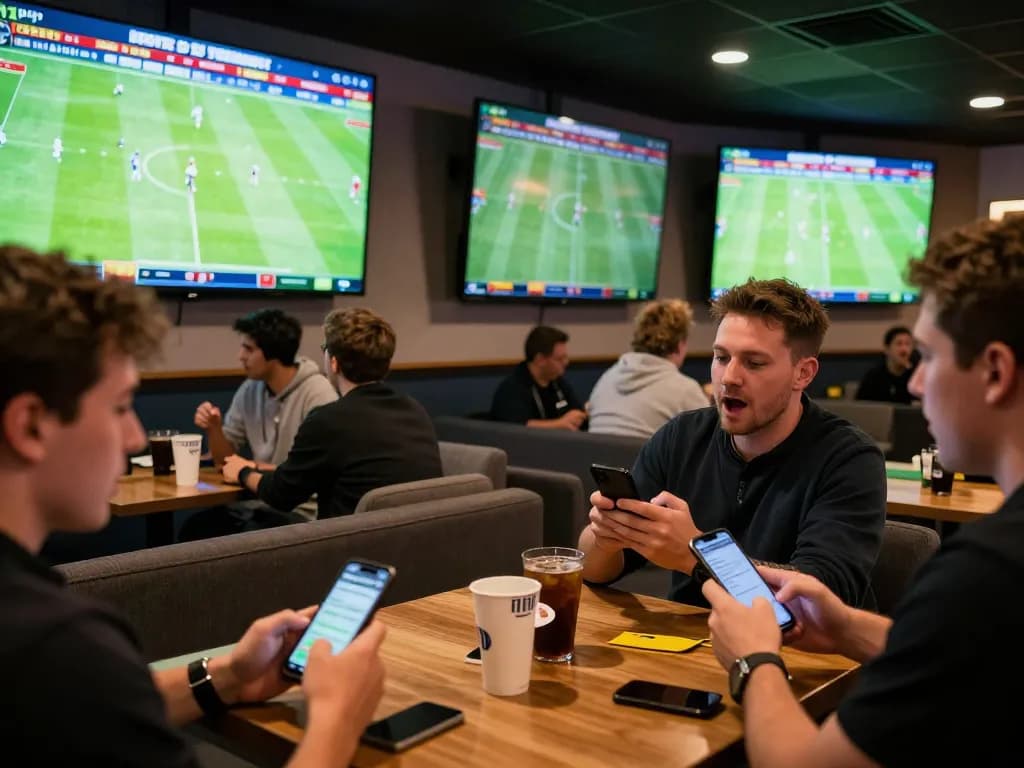 SBOBET88 betting enthusiasts enjoying live sports in a vibrant lounge atmosphere, cheering for their teams.