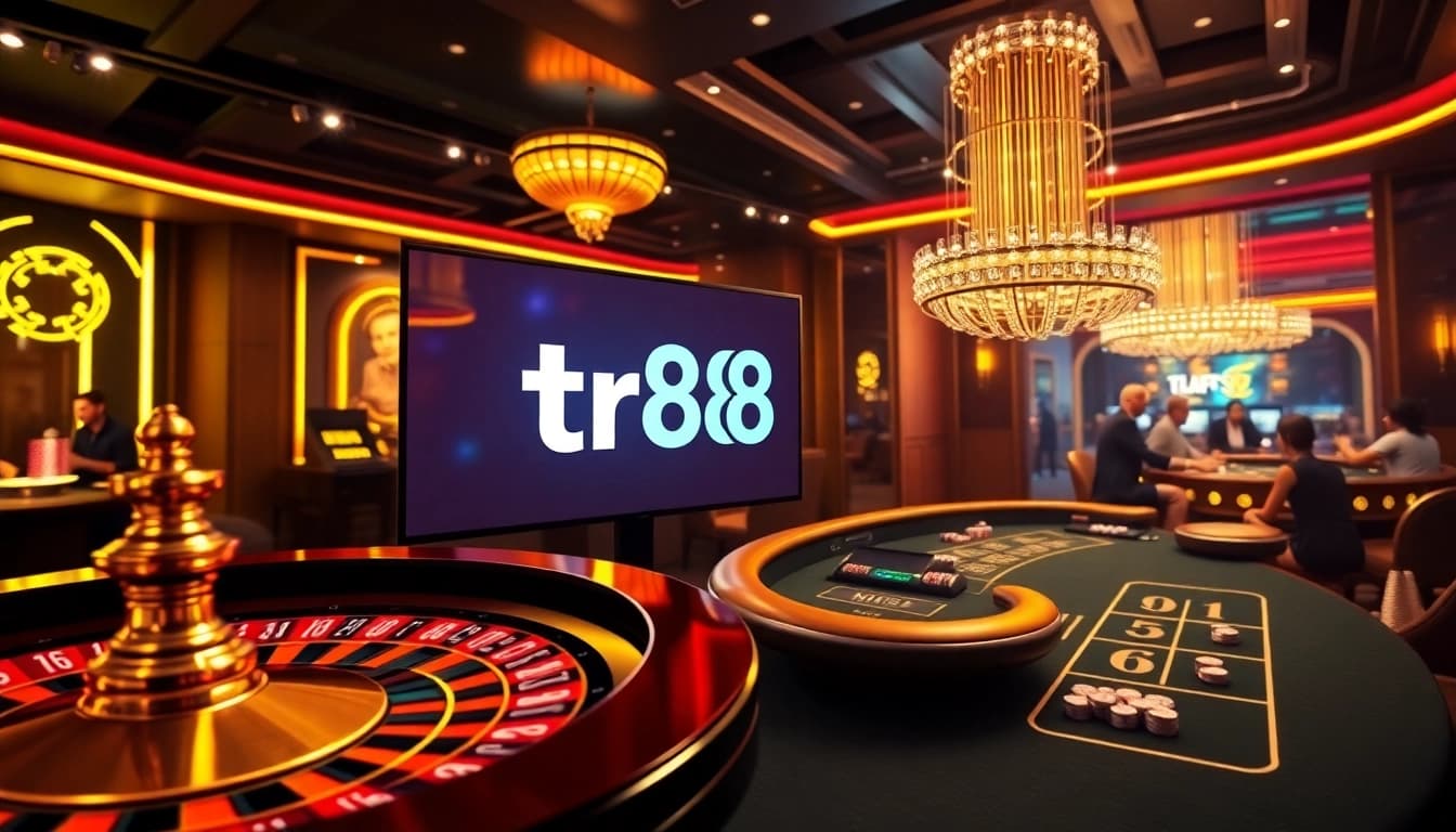 Experience thrilling online gambling with tr88 on a vibrant casino interface featuring roulette and poker.