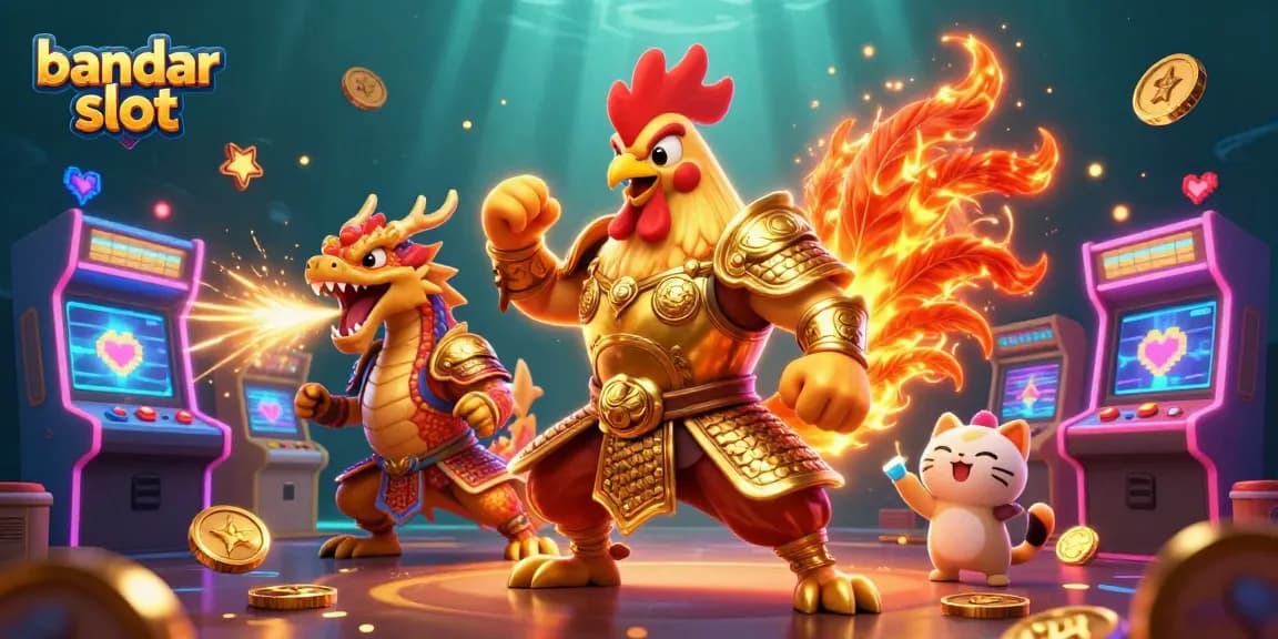 Engage with the vibrant world of bandar slot featuring a festive rooster, dragon, and fortune cat amidst casino-themed elements.