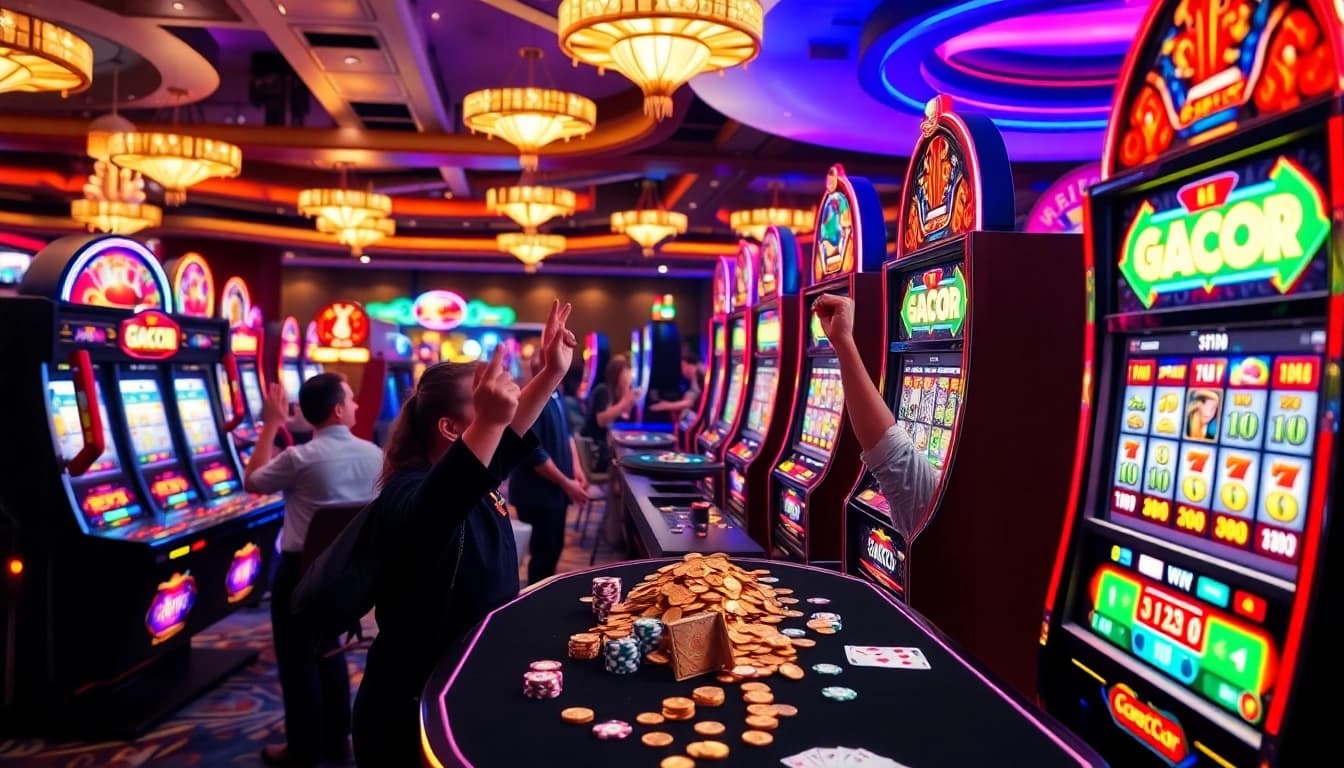 Excited players enjoying Slot Gacor with bright visuals and thrilling wins at a casino.