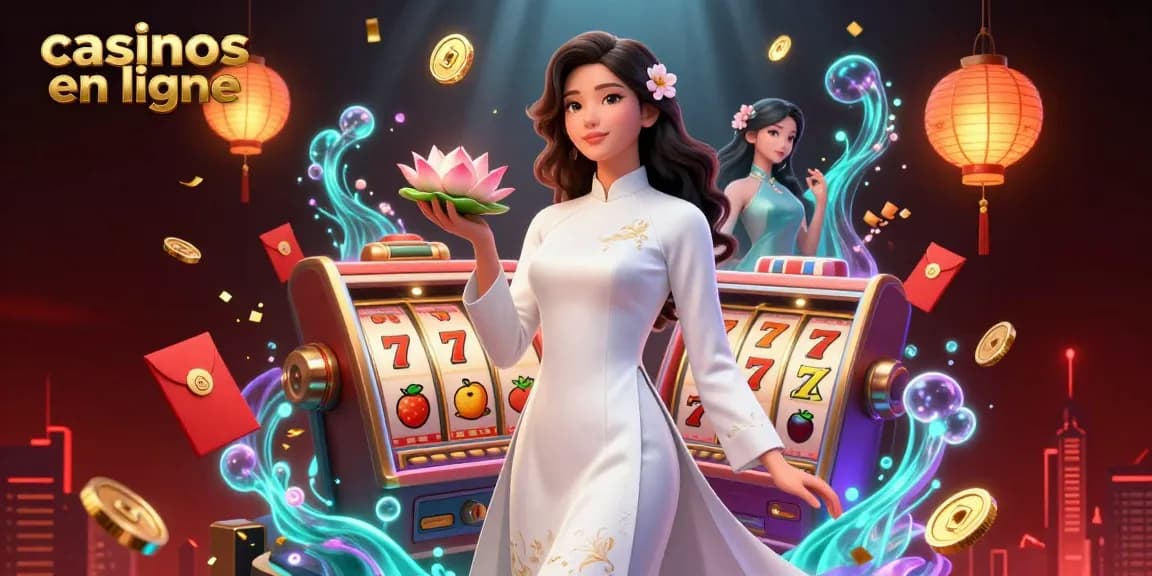 Découvrez l'excitation des casinos en ligne avec un art numérique 3D vibrant mettant en avant des machines à sous, des lanternes lumineuses, et plus encore.