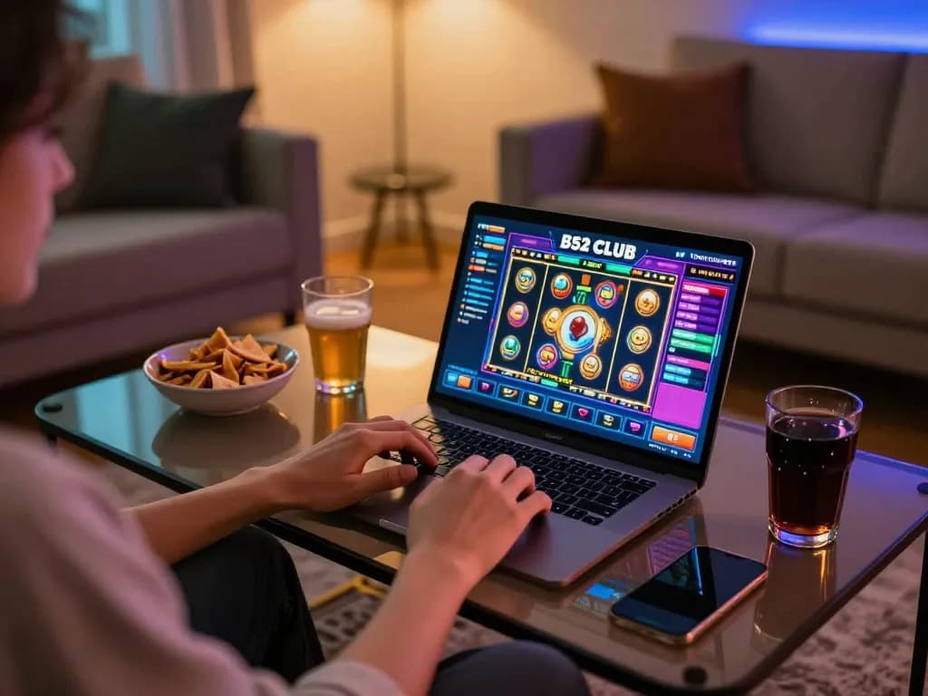 B52 CLUB player enjoying exciting online slot games in a cozy home setup.
