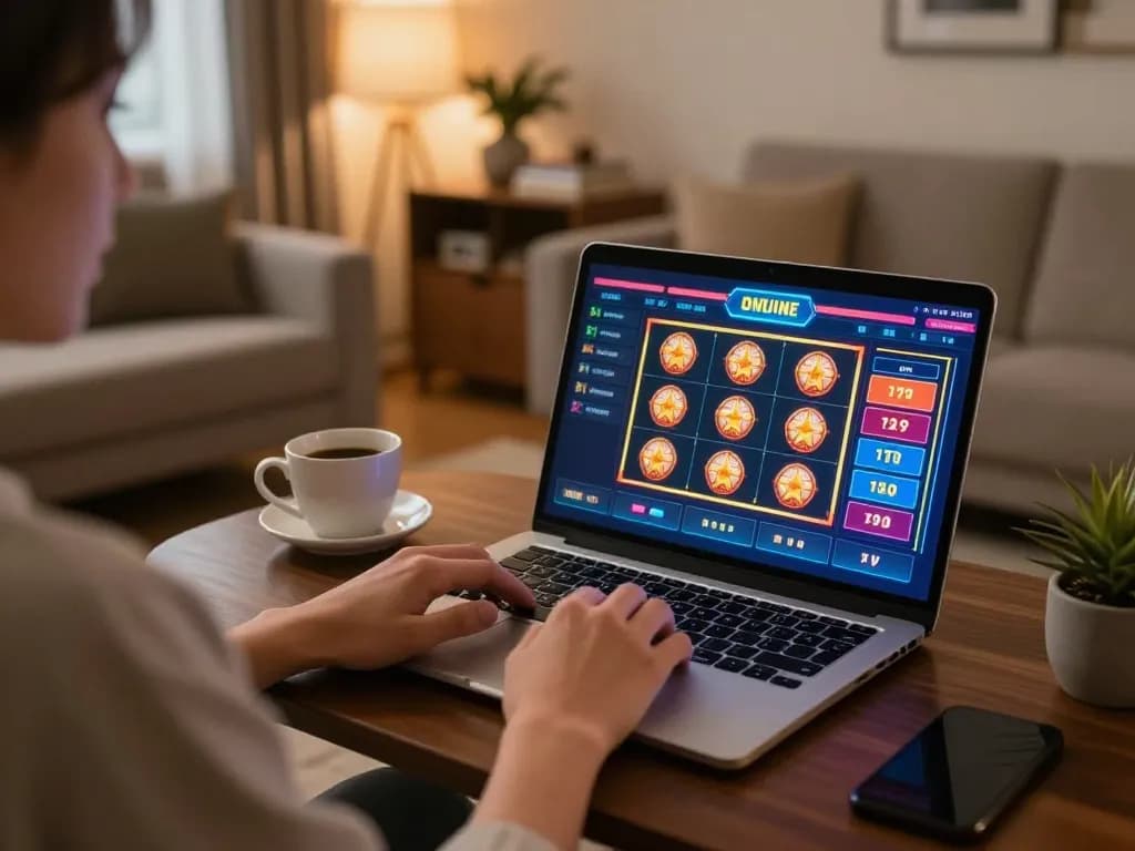 Gaming at Canada online casinos on a laptop, showcasing vibrant slots interface in cozy home setting