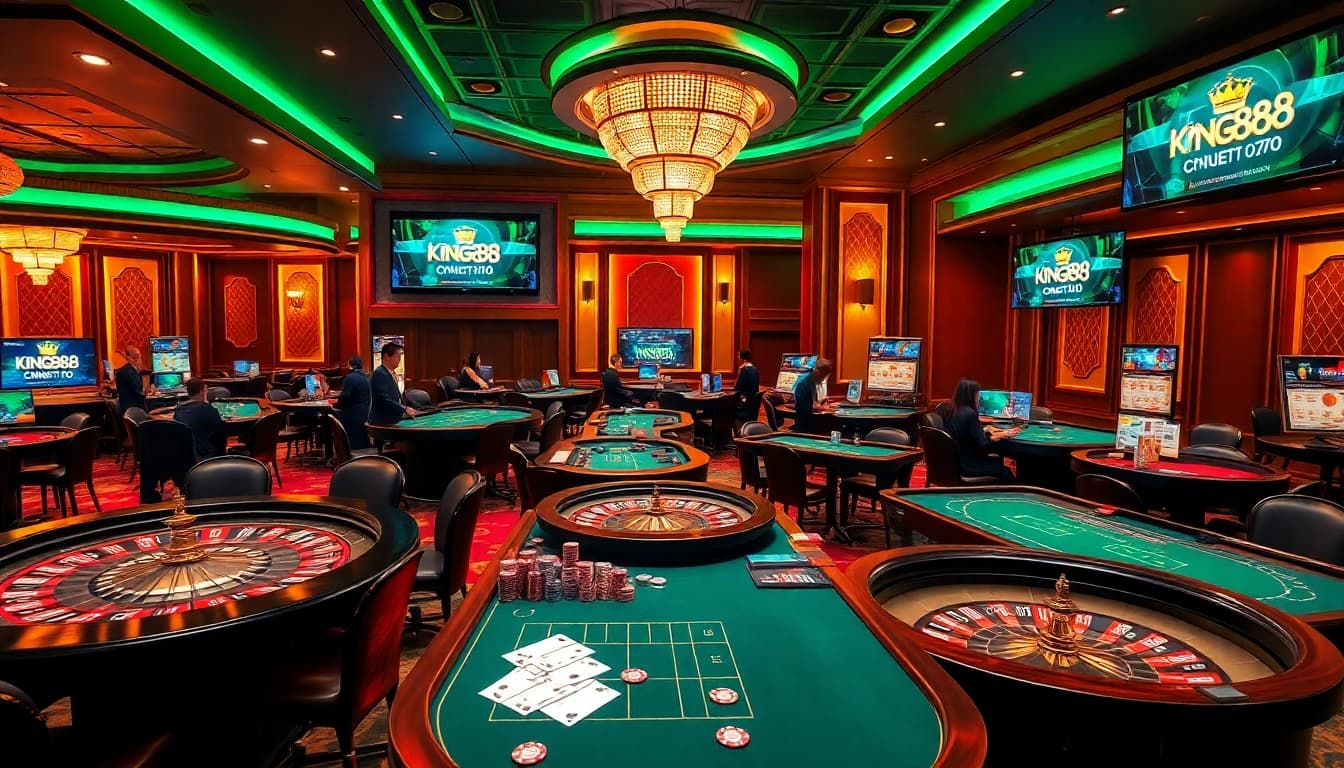 Engage with thrilling games at king88 com vn, showcasing poker chips, cards, and a lively casino atmosphere.
