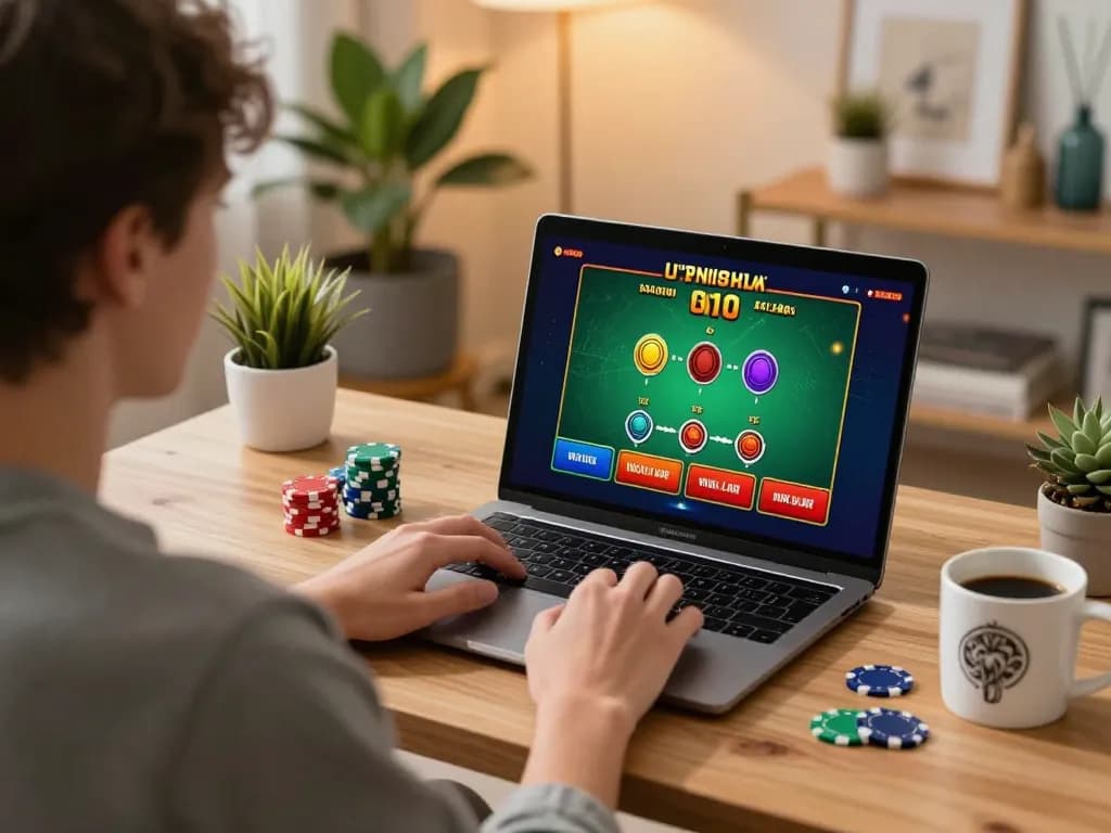 Engaging in a thrilling australian online casino blackjack game from a cozy home office setup.