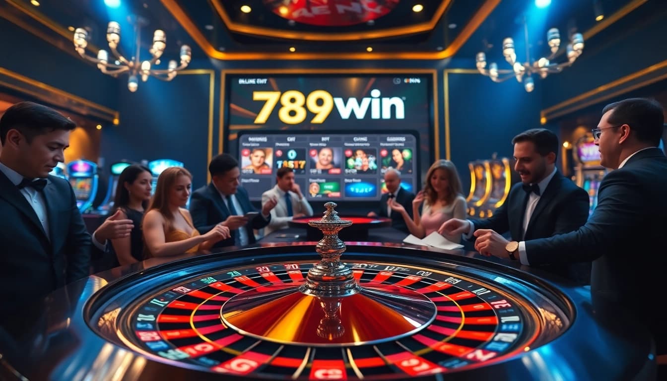 Players engaging at a roulette table with the 789win link displayed prominently in a modern casino setting