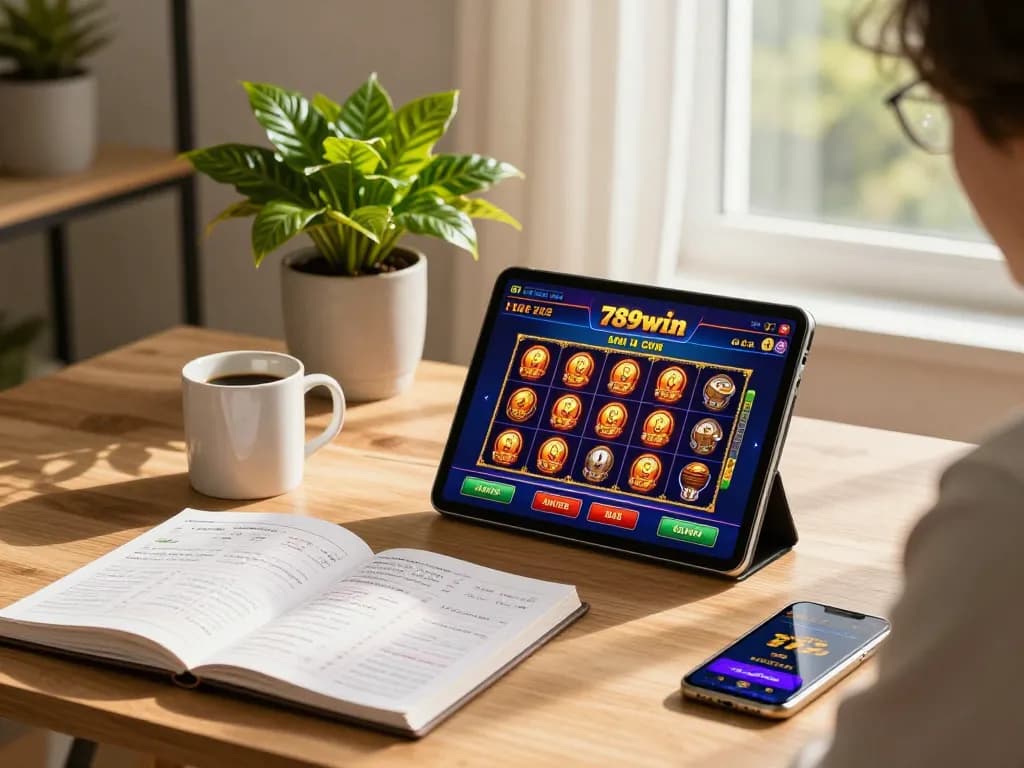 Engaged player enjoying 789win slots game on tablet in a cozy home office.