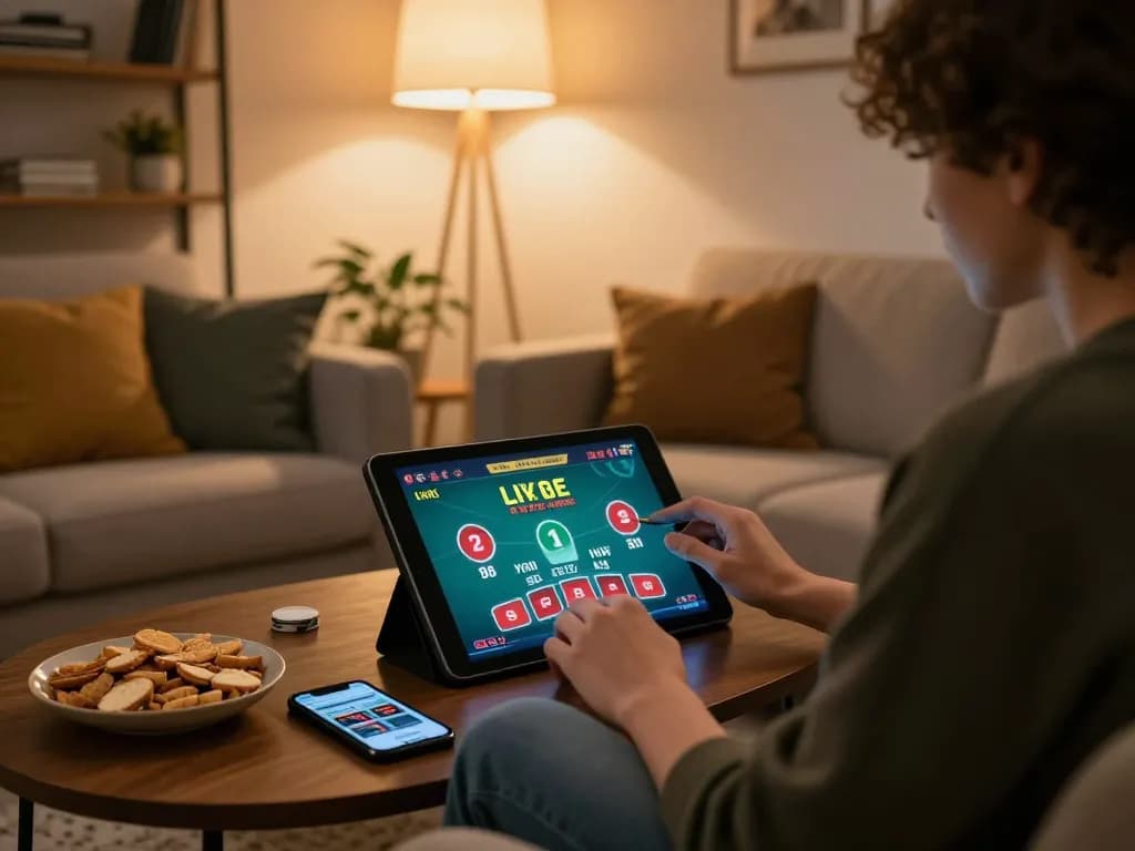 98win player engaging with a live blackjack game at home, showcasing the excitement of online gambling.