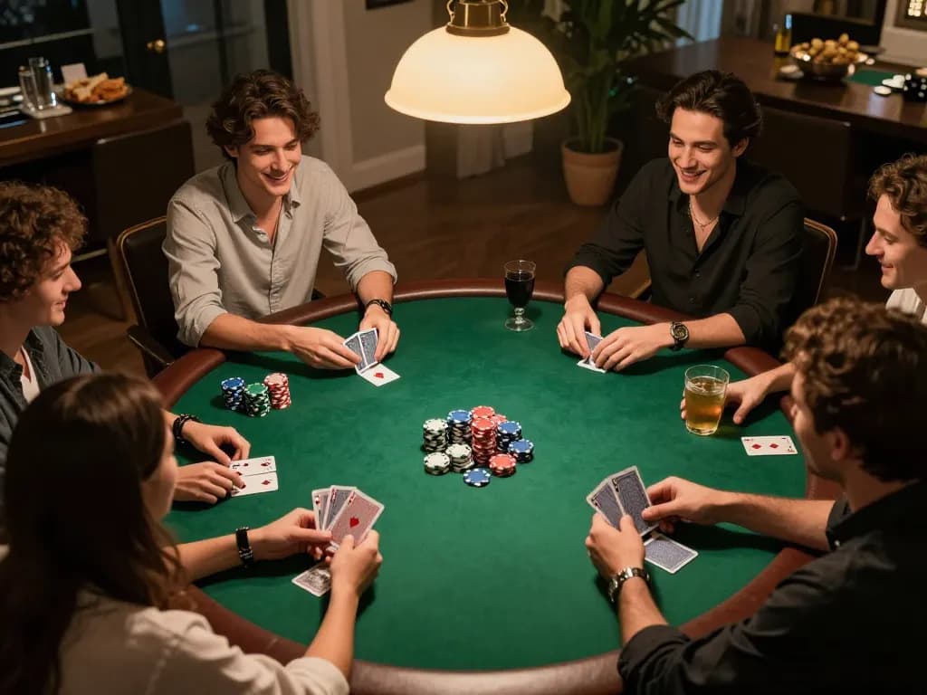 Kuwin poker night with friends, vibrant card game and friendly competition in a warm setting.