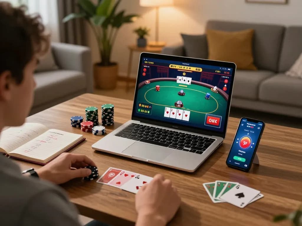 Fun88 gaming setup with a player engaged in online casino action using laptop and smartphone.