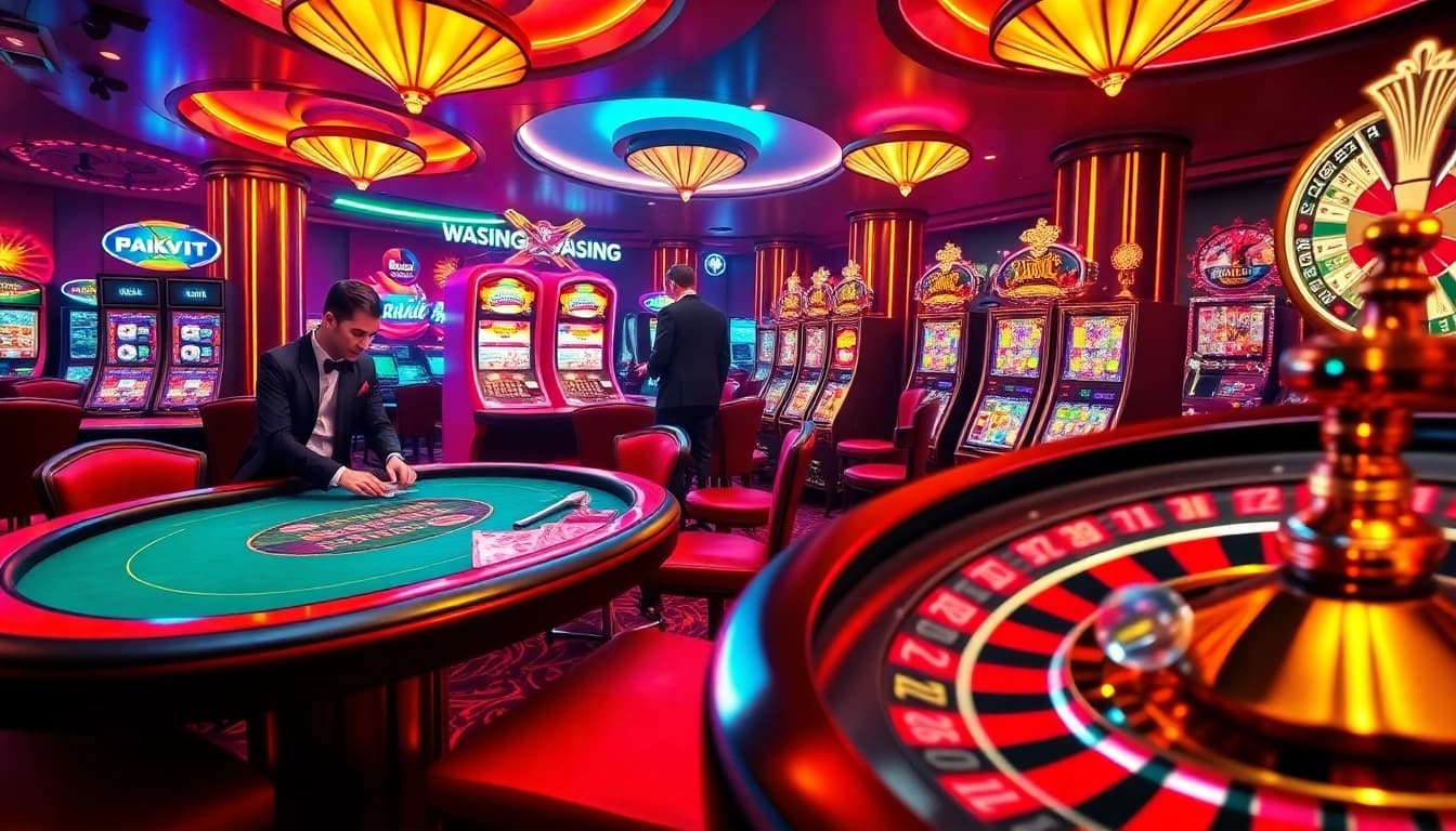 Rikvip players enjoying an exciting game at a vibrant casino table with chips and cards.