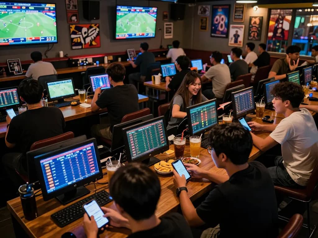Engaging in 7meter Judi Bola sports betting with focused bettors in a lively atmosphere.