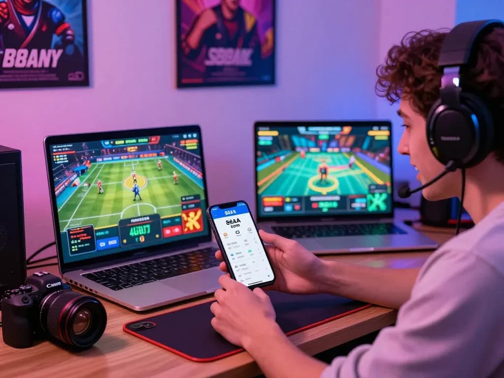 Exciting online gaming environment with player engaged in betting on 88aa com showcasing smartphone and laptop.