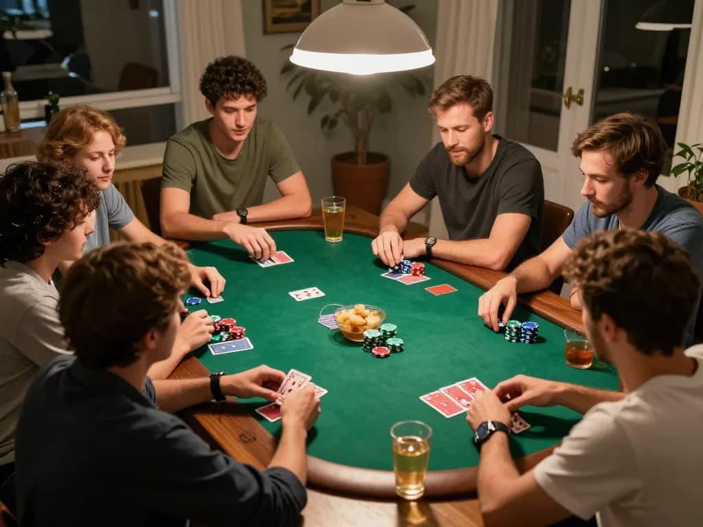 Crowd enjoying a lively poker game night with Crickex chips and cards, emphasizing strategic fun.