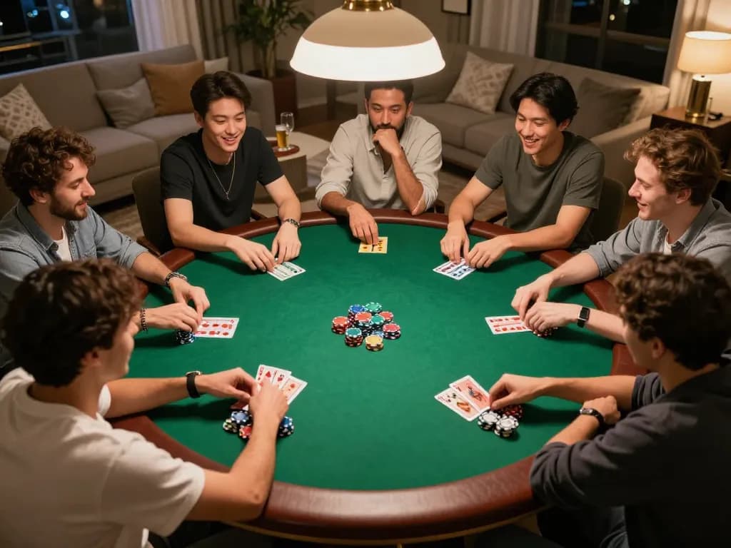 Enjoying a thrilling poker night with friends while playing iwin games at home.