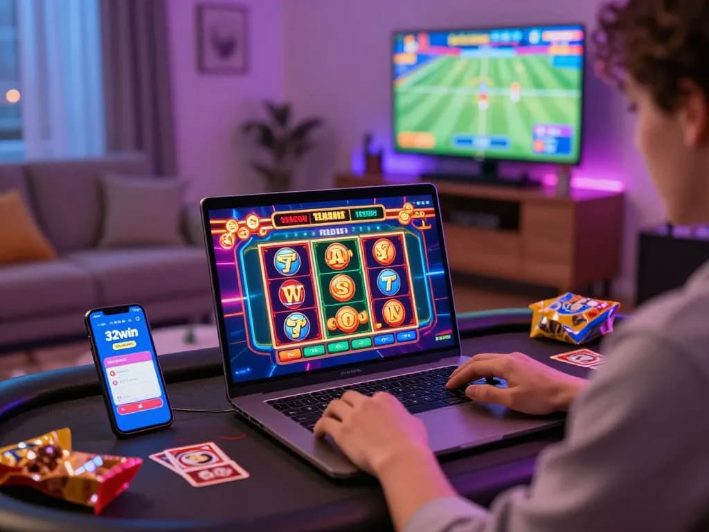 Exciting 32win online gambling setup with vibrant casino graphics, smartphone app, and cozy home environment.