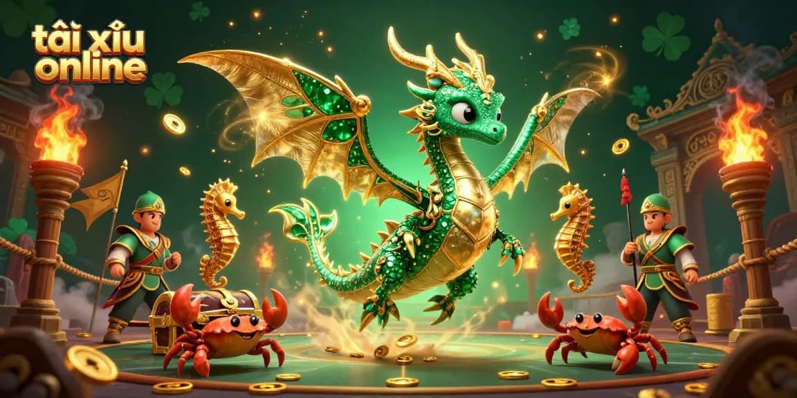 Engage in thrilling tài xỉu online action depicted with a golden sea dragon and treasure amidst dynamic game elements.