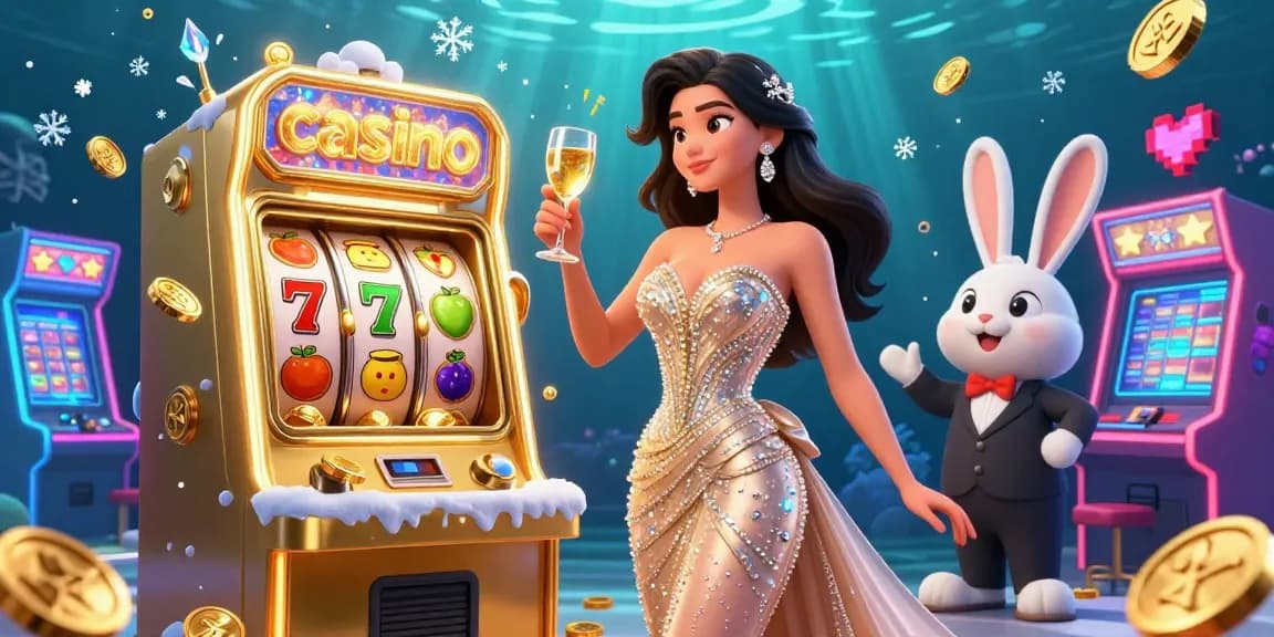 Experience the thrill of an online casino with a glamorous woman celebrating a jackpot amid vibrant gaming elements.