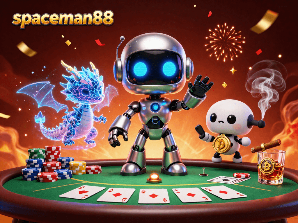 Experience the excitement of spaceman88 with a vibrant 3D casino illustration showcasing a poker scene filled with action and energy.