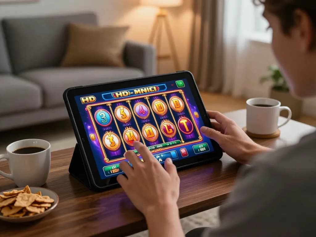Orang yang menikmati kemenangan penting di permainan slot 3D HD pandawin di lingkungan rumah yang nyaman.