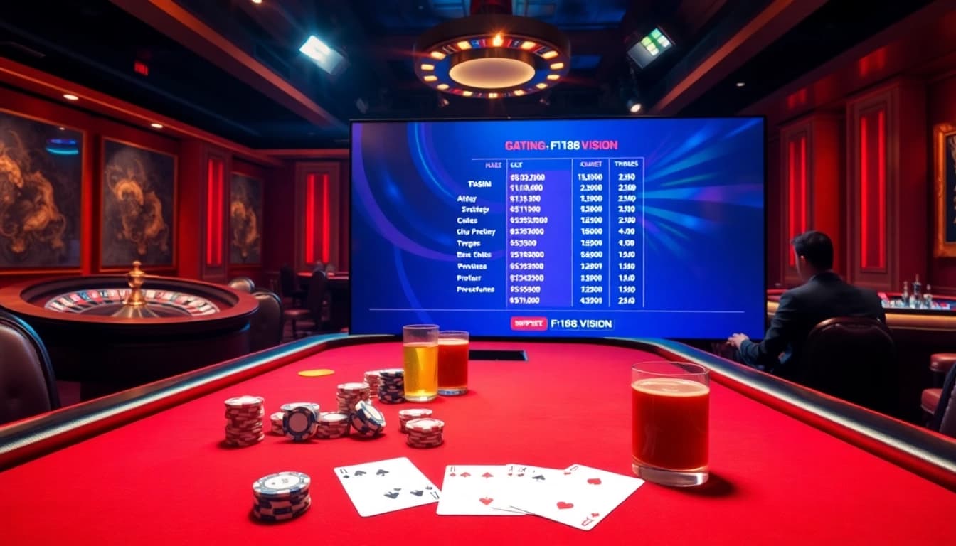 Exciting casino scene at https://f168.vision/ with poker players analyzing strategies and odds at a luxurious poker table.