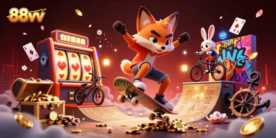 Experience excitement with 88vv in a vibrant casino-themed 3D illustration featuring dynamic characters and gold riches.
