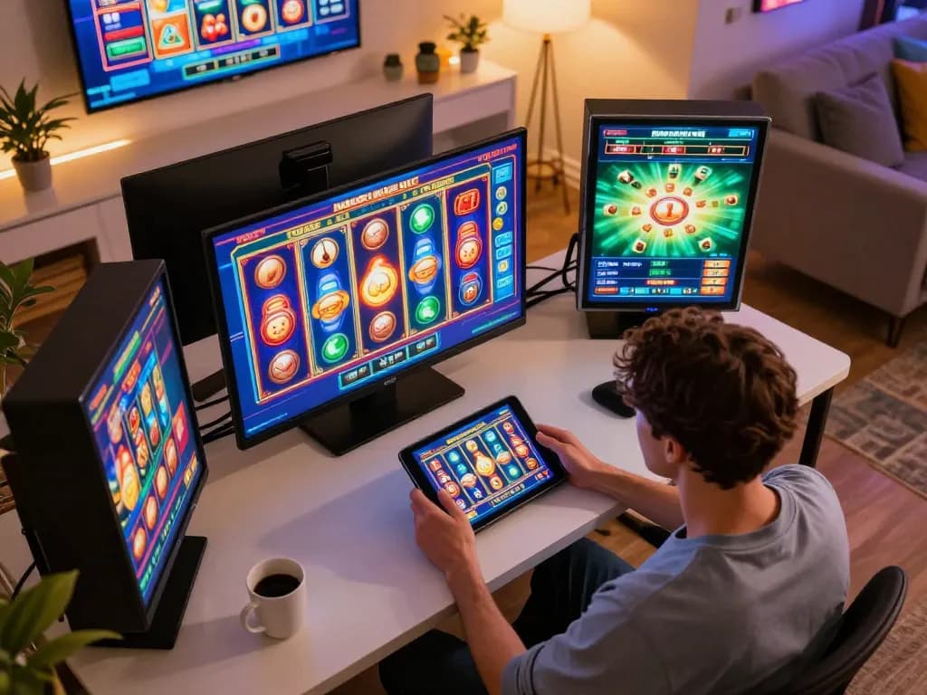 Engaging slot online experience at home with animated reels spinning on tablet.