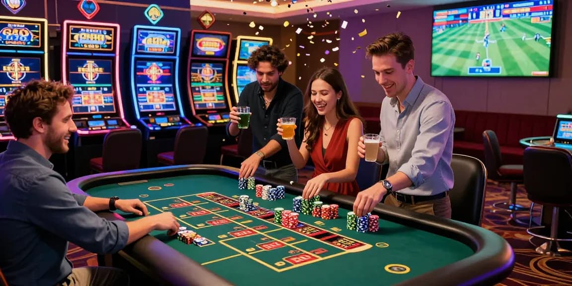 Exciting nightlife at 663bet casino with diverse players celebrating a roulette win.